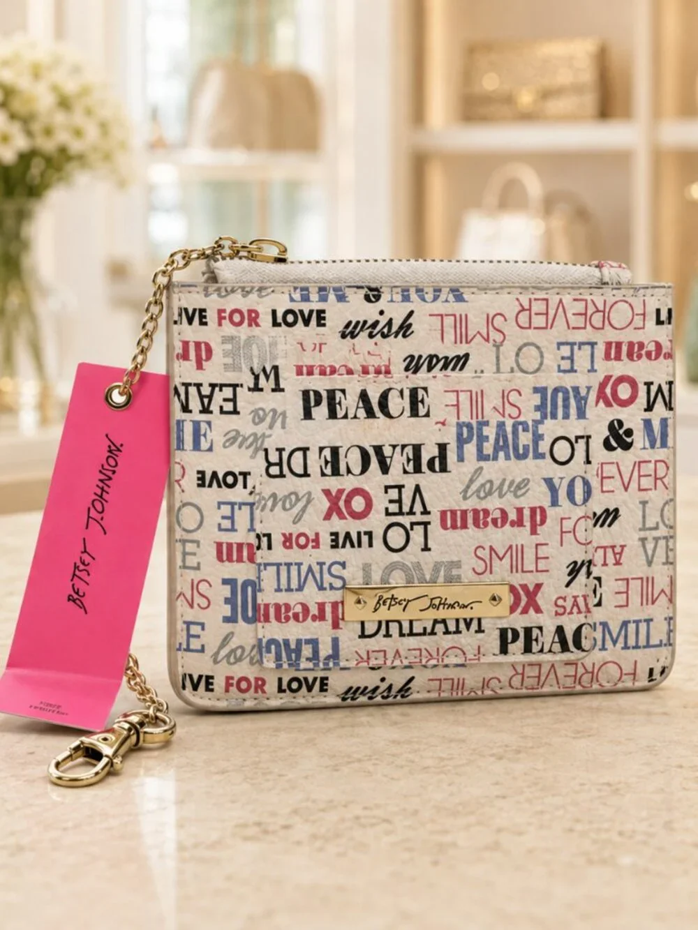 Betsey Johnson Multicolor Word Print Zip Card Holder Keychain Wallet NWT